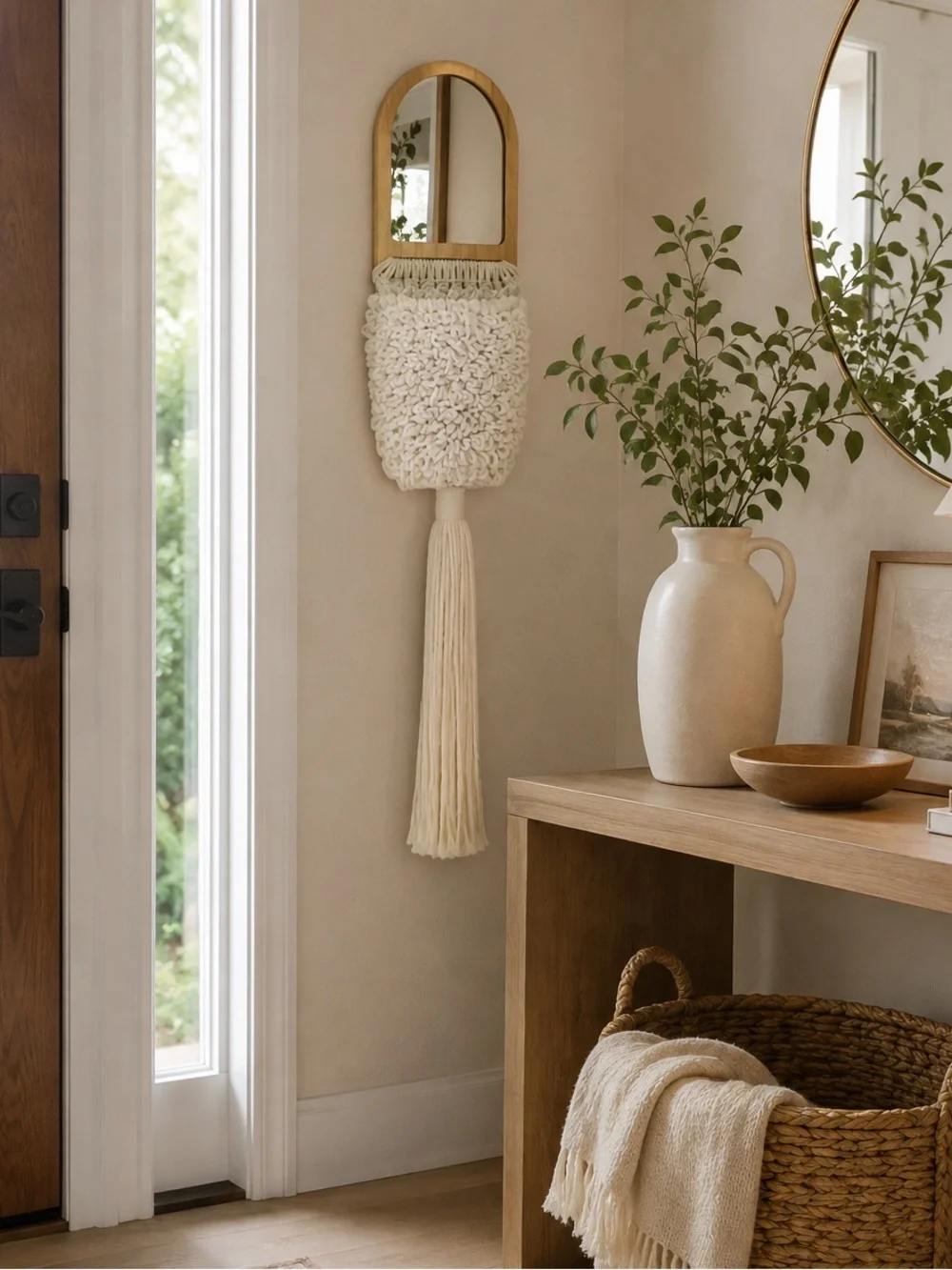 NEW White Cotton Macrame Basket Boho Wooden Mirror Wall Decor Bohemian Cottage